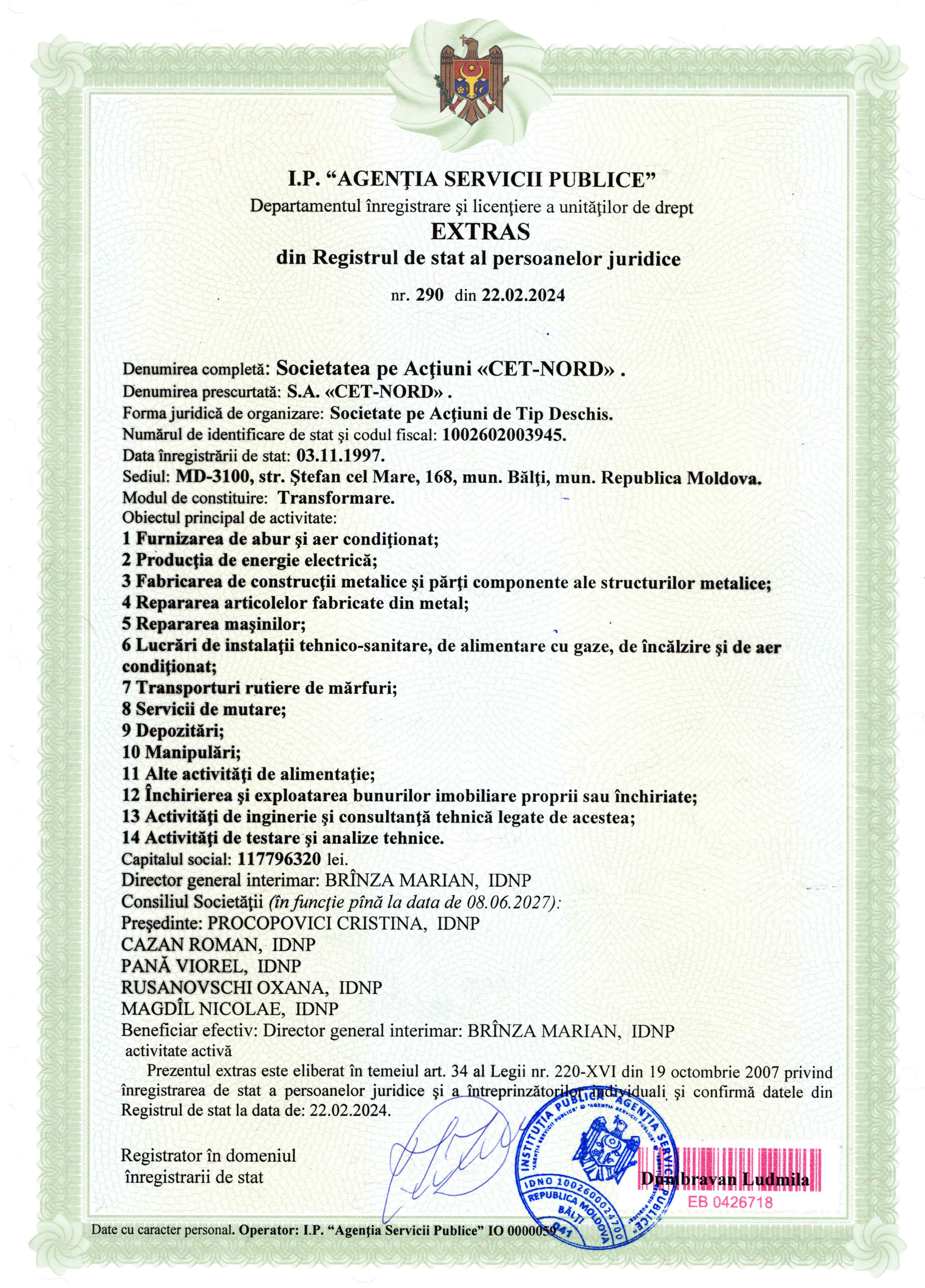 Extrasul din Registrul de stat al persoanelor juridice CET Nord SA 02-2024