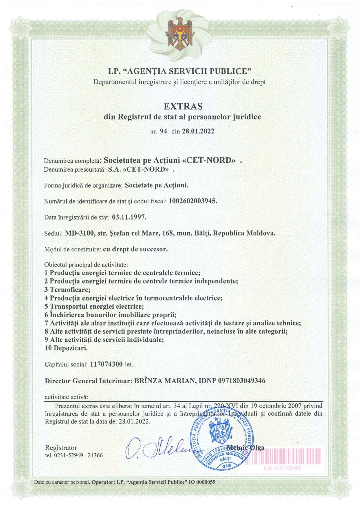 Extrasu din Registrul de stat al persoanelor juridice CET Nord SA 2022 pages to jpg 0001