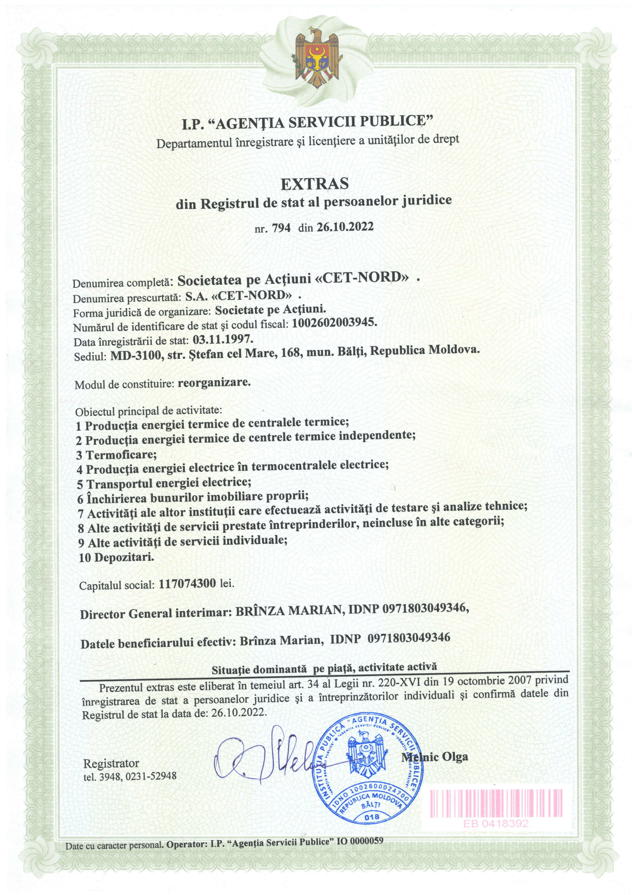 Extrasul din Registrul de stat al persoanelor juridice CET Nord SA 10-2022