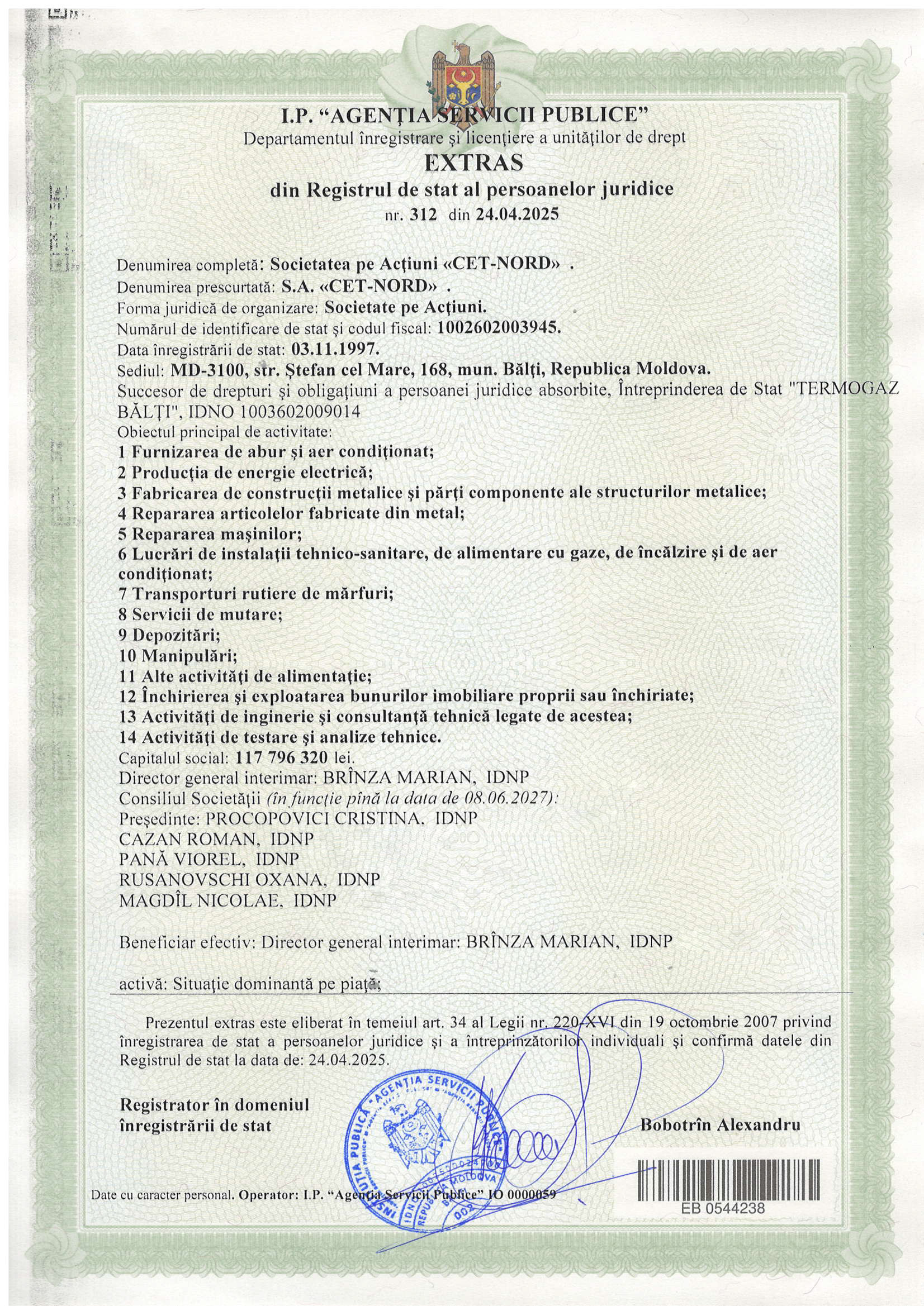 Extrasul din Registrul de stat al persoanelor juridice CET Nord SA 04-2025